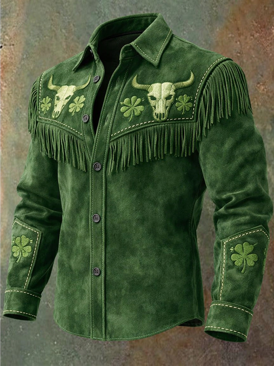 Men's Retro St. Patrick Western Style Art Print Vintage Tassel Casual Long Sleeve Shirt